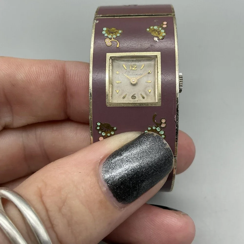 Vintage Baroness Womens Watch 23mm Enamel Cuff Manual NON WWORKING For Parts